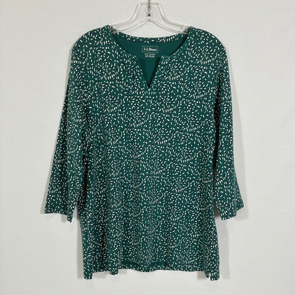 L.L.Bean Womens 1X Green Print Cotton Split Neck 3/4 Sleeve Tunic Top 506844